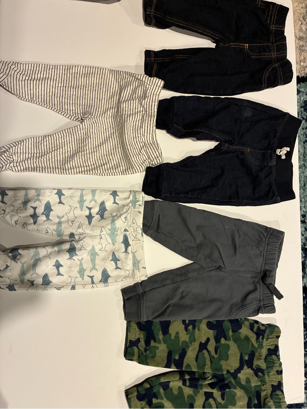 Kids Neutral & Navy Bottoms Pack - Striped, Shark Print, Camo & Solid Pants